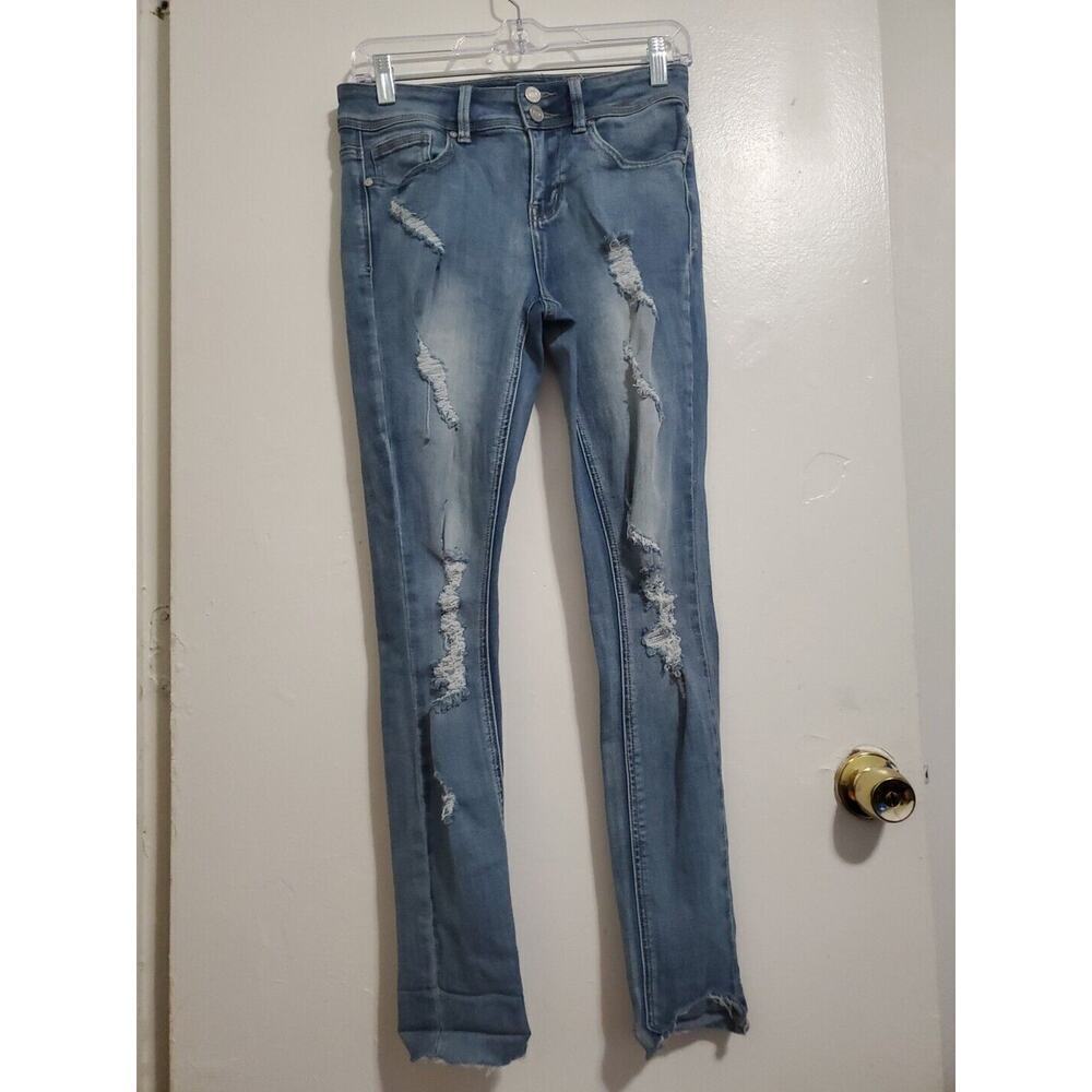 Indigo Rein Distressed Tapered Skinny Womens Jeans Light Blue Size 7 (32x32)